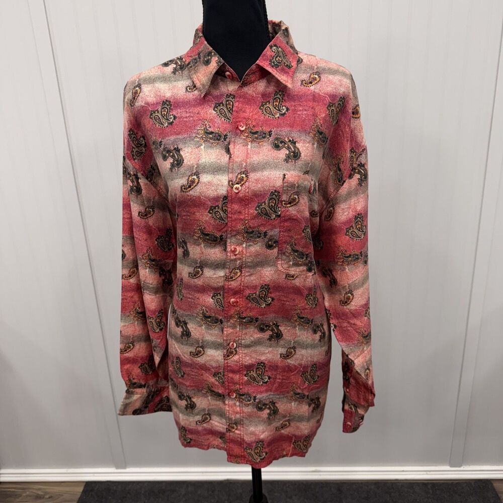 VTG Bogari Women's Large Red Paisley 100% Silk Long Sleeve Button-Up Long Top